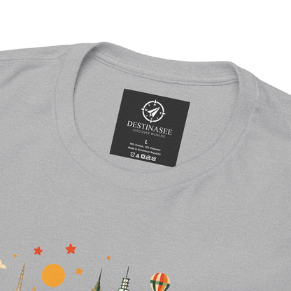 Heather gray T-shirt back neck shows a black square logo patch