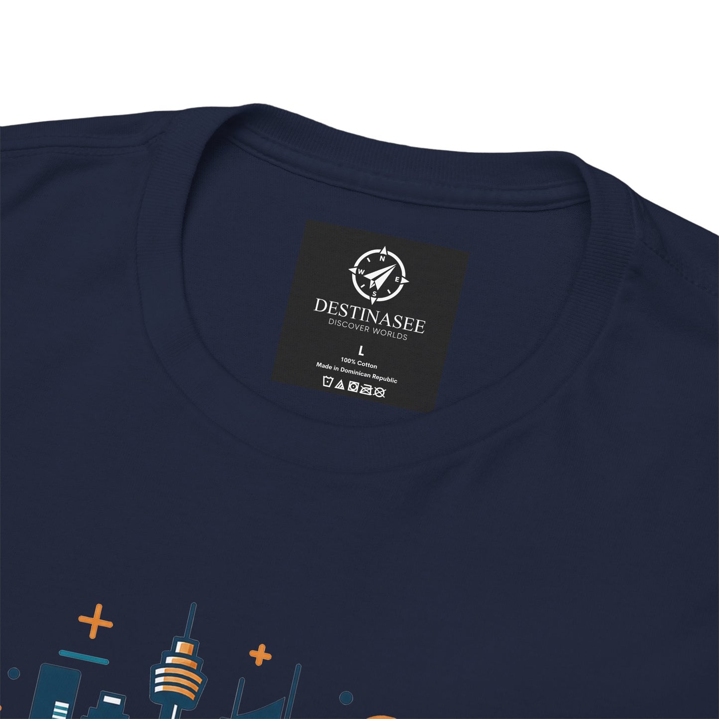 Navy crew-neck T-shirt with square DESTINASEE label near the collar