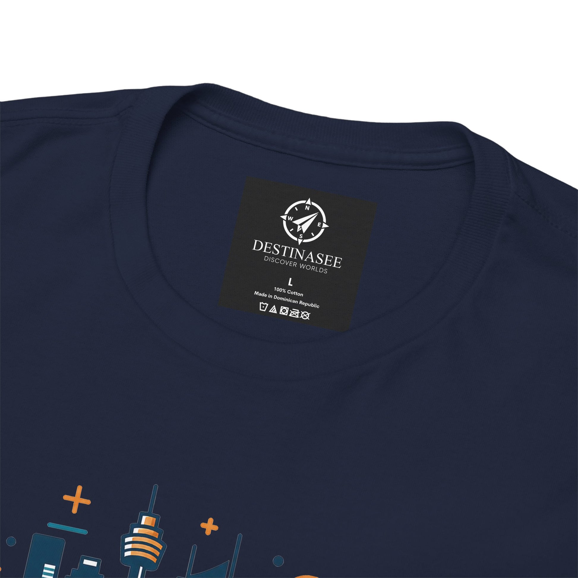 Navy crew-neck T-shirt with square DESTINASEE label near the collar