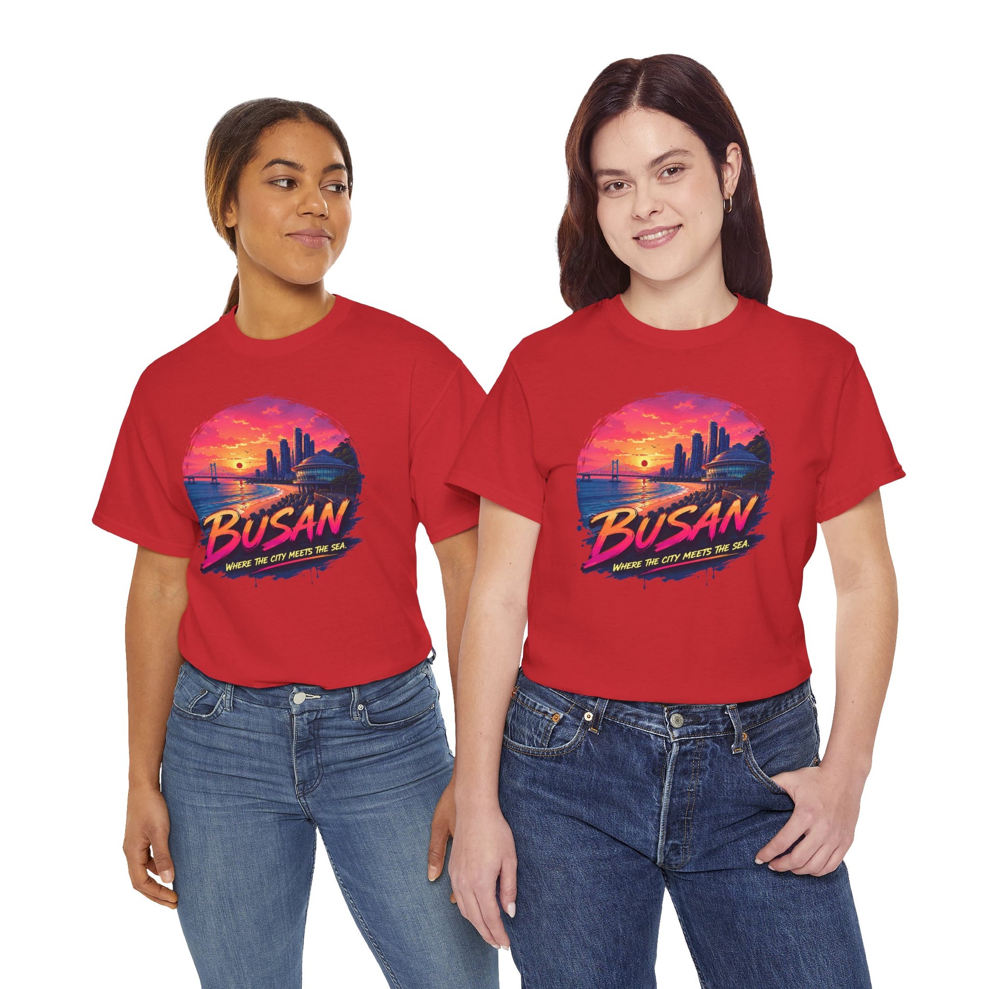 Red crew-neck T-shirt with Busan sunset city graphic on the chest.
