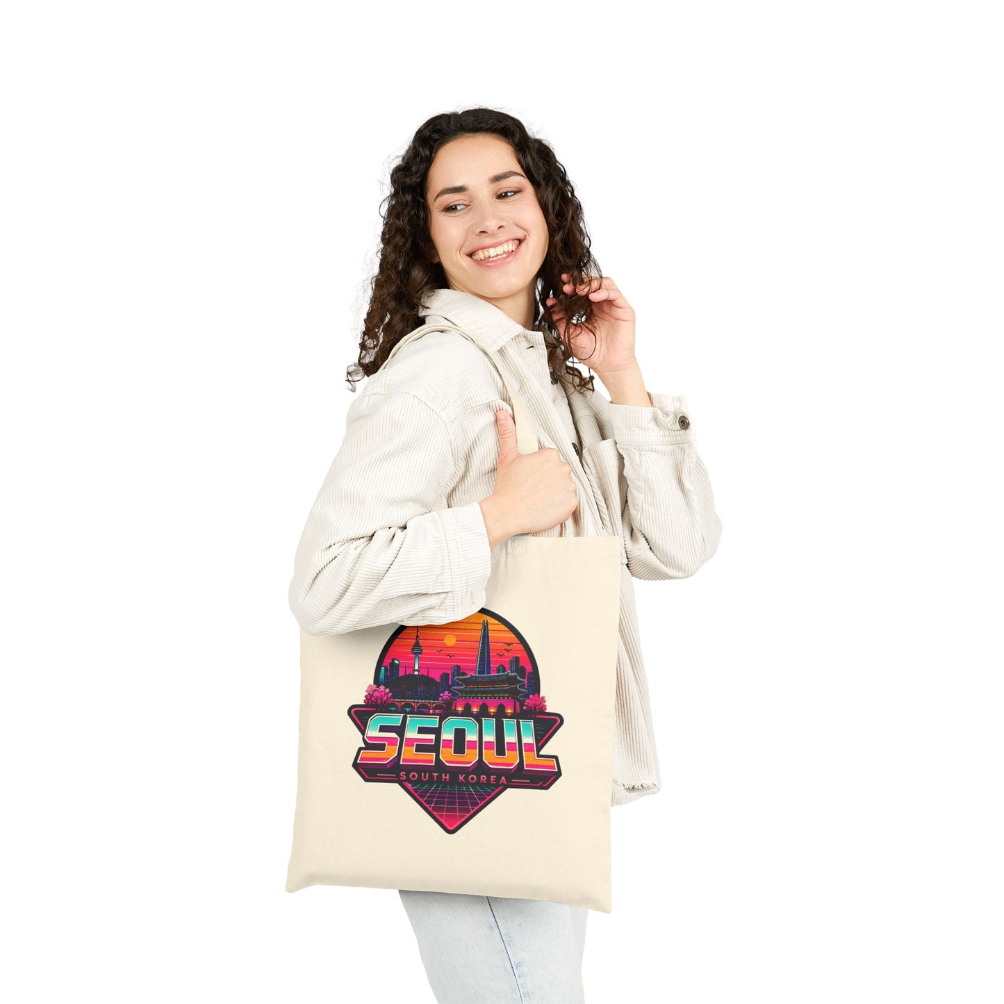Natural canvas tote bag with bold Seoul skyline graphic and top handles