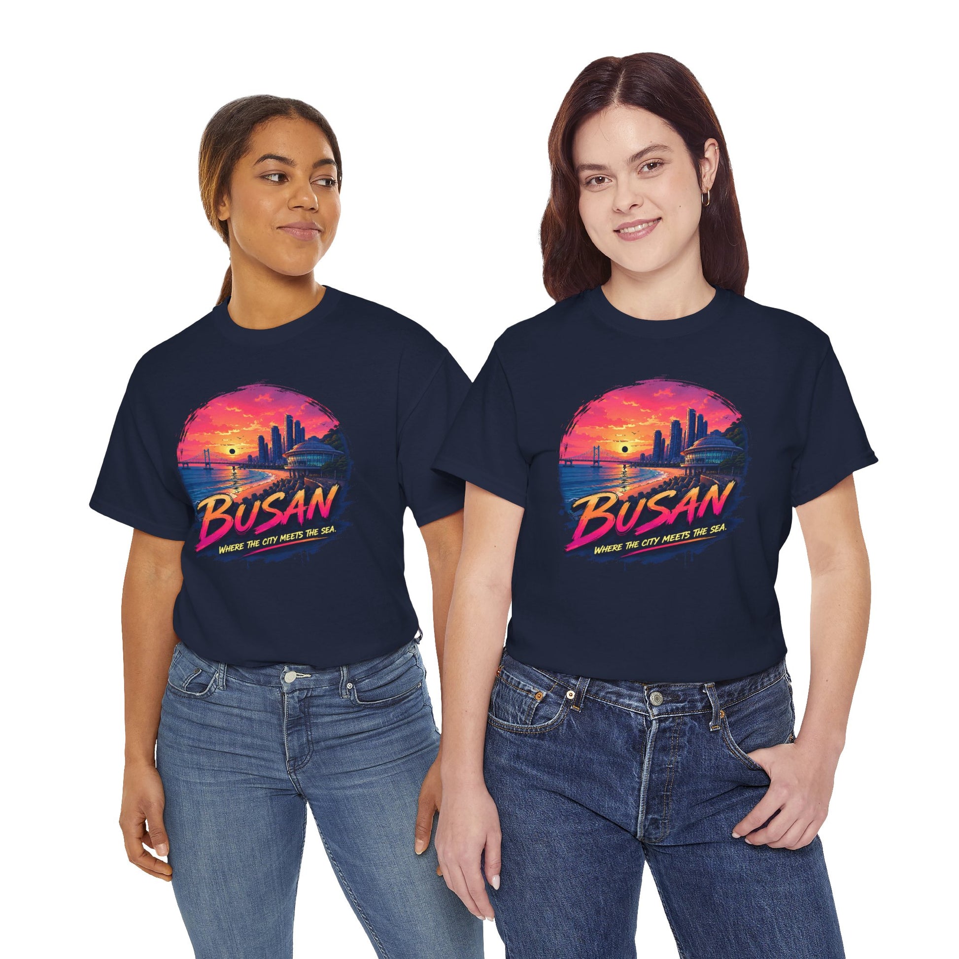 Navy crew-neck T-shirt with Busan sunset city graphic on front