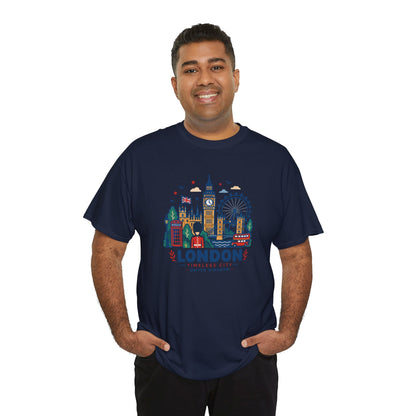 Navy London skyline graphic T-shirt on model, short sleeves, crew neck.