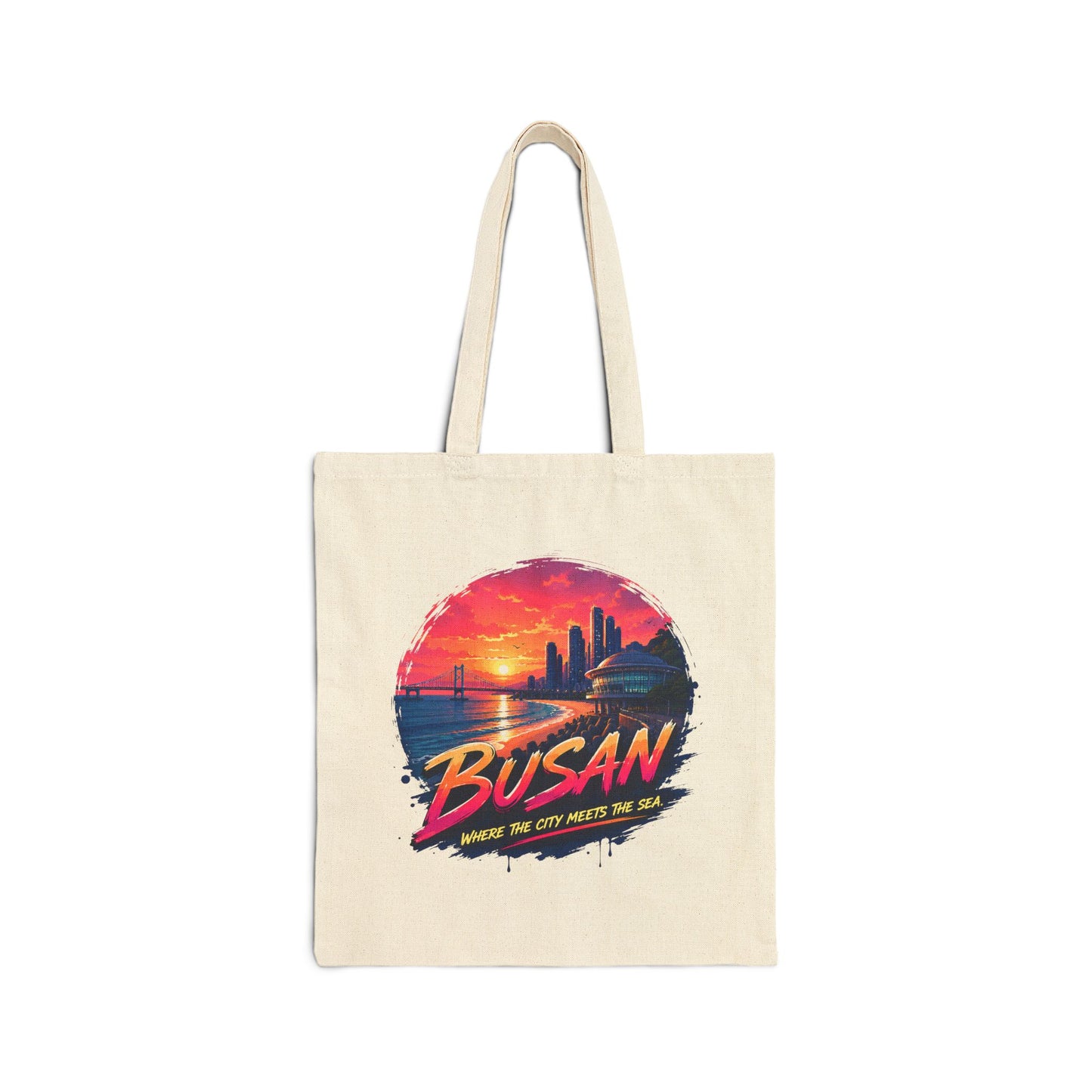 Natural canvas tote bag with Busan sunset front graphic