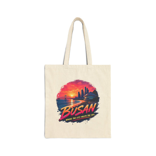 Natural canvas tote bag with Busan sunset front graphic