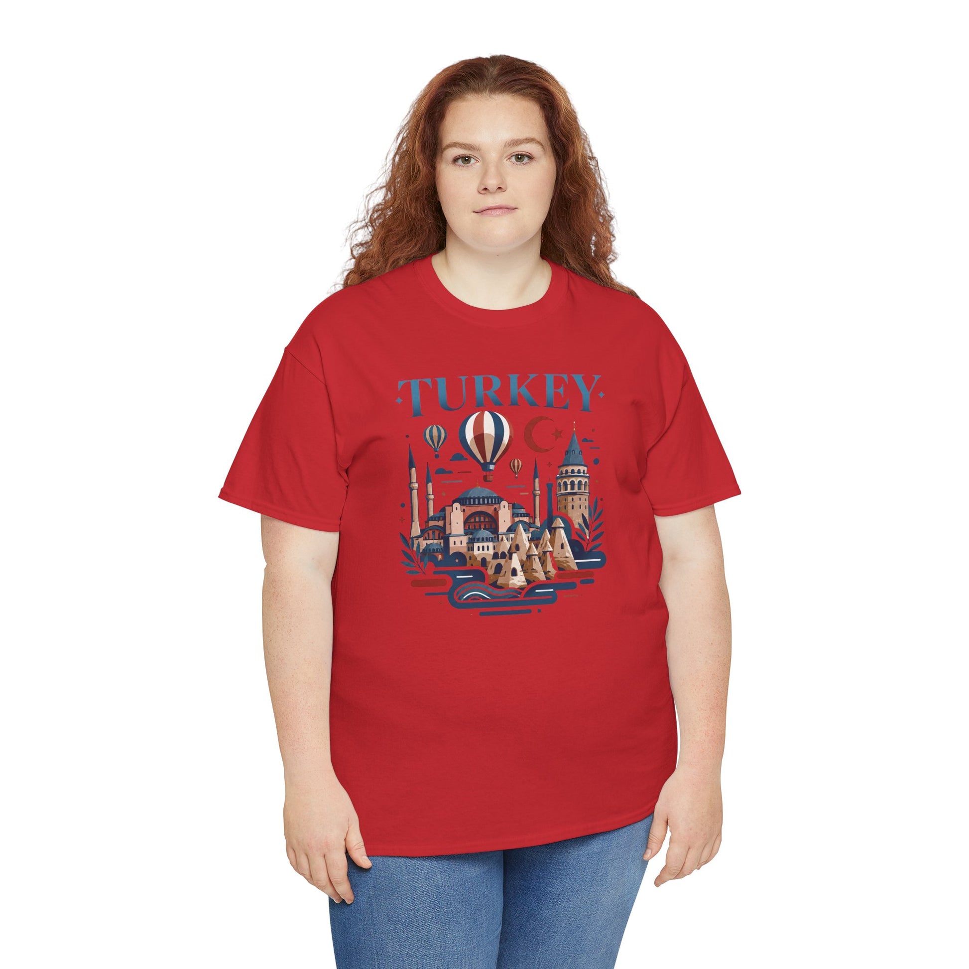 Red T-shirt with hot air balloon and crescent moon front graphic, worn by woman