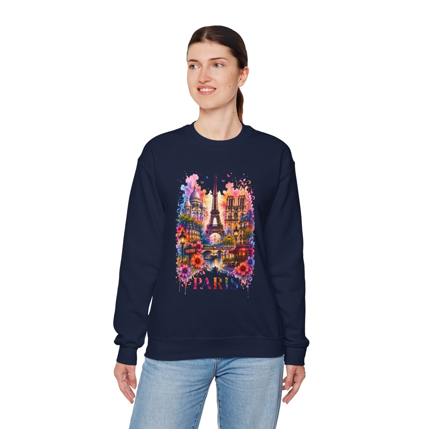 Navy crewneck sweatshirt with watercolor Eiffel Tower and floral graphic, PARIS text