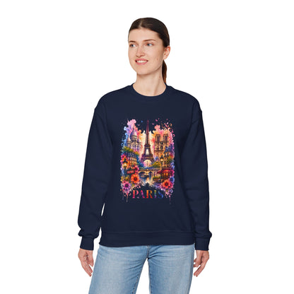 Navy crewneck sweatshirt with watercolor Eiffel Tower and floral graphic, PARIS text