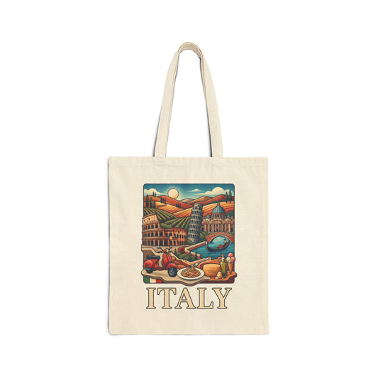 Natural canvas tote bag with colorful Italy skyline print and “ITALY” text