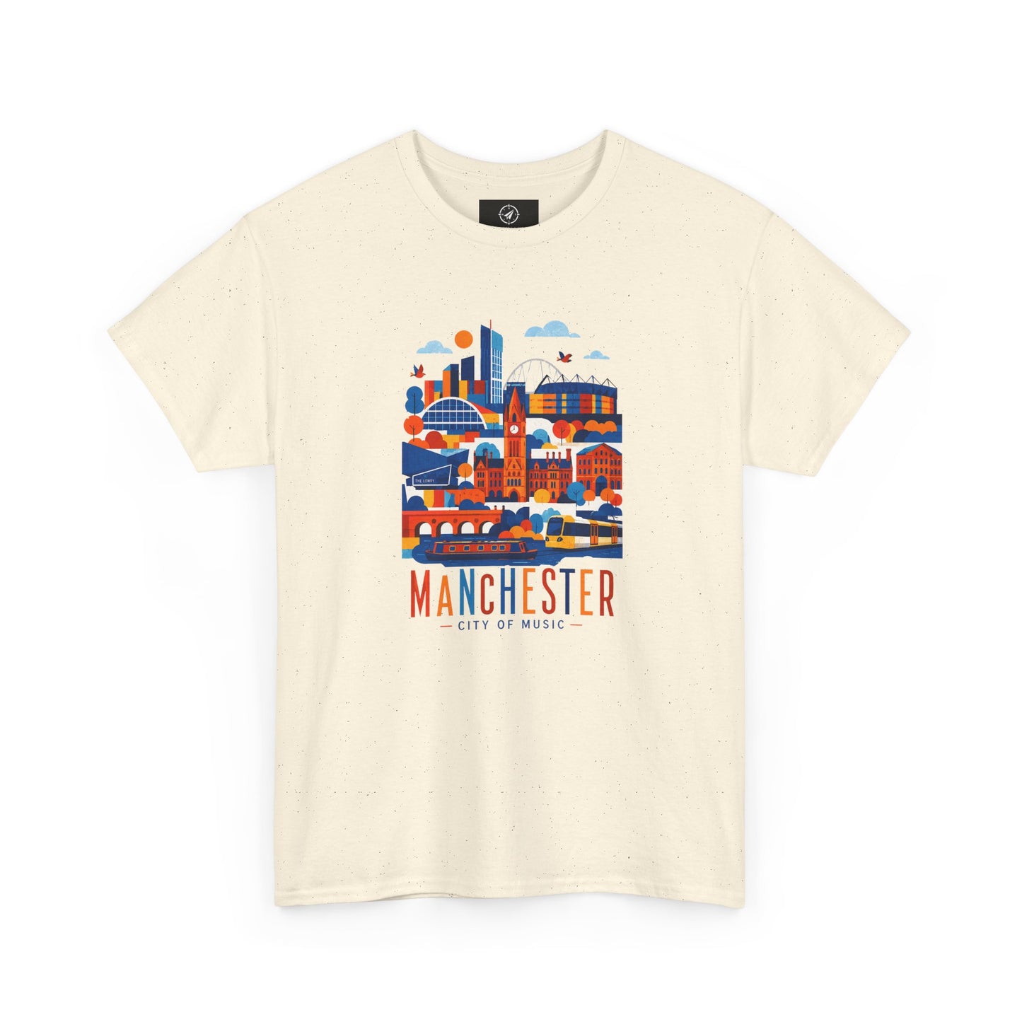 Light cream short-sleeve crewneck T-shirt with Manchester skyline graphic on front