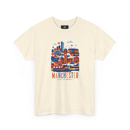 Light cream short-sleeve crewneck T-shirt with Manchester skyline graphic on front