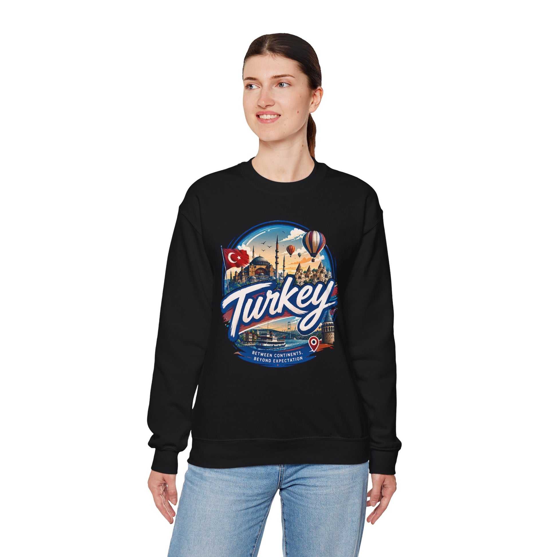 Black crewneck sweatshirt with “Turkey” graphic on the chest, long sleeves