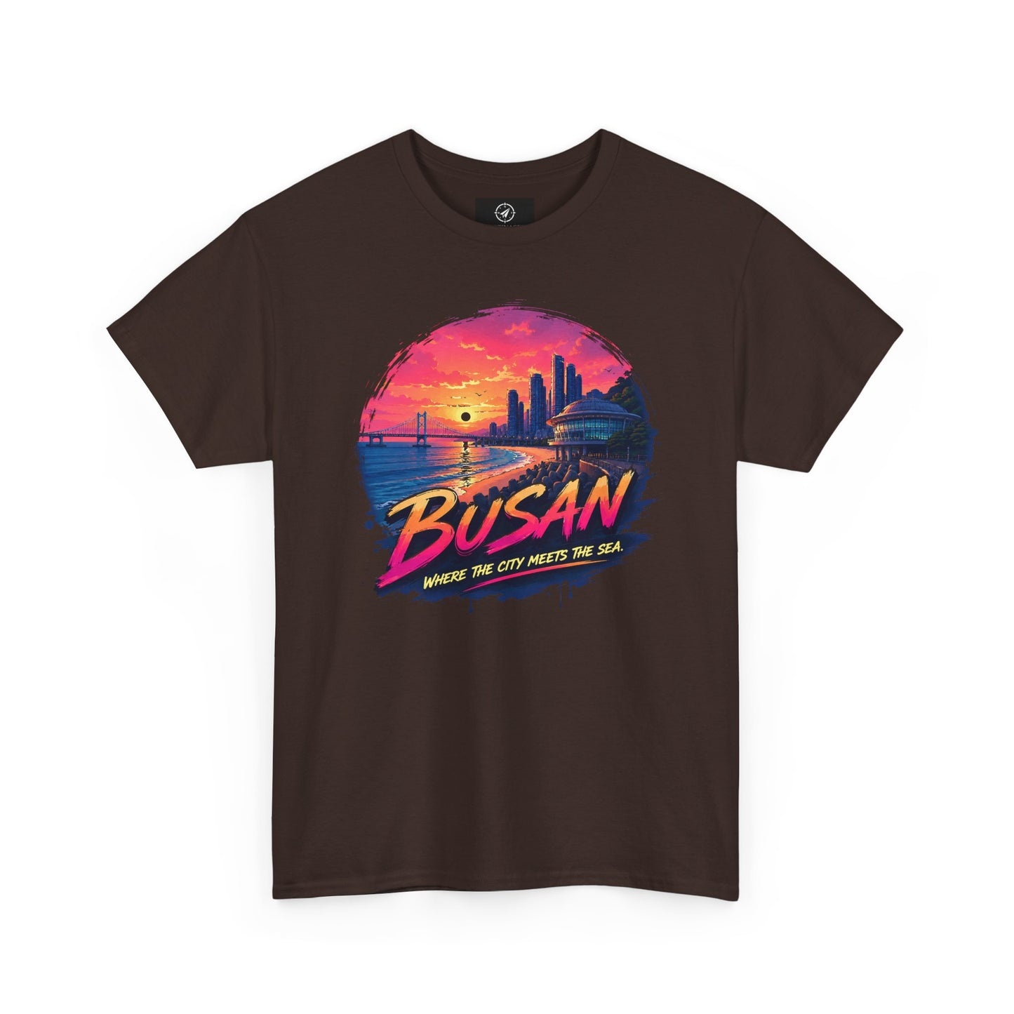 Dark brown crew-neck T-shirt with a “Busan” seaside sunset graphic circle on front.