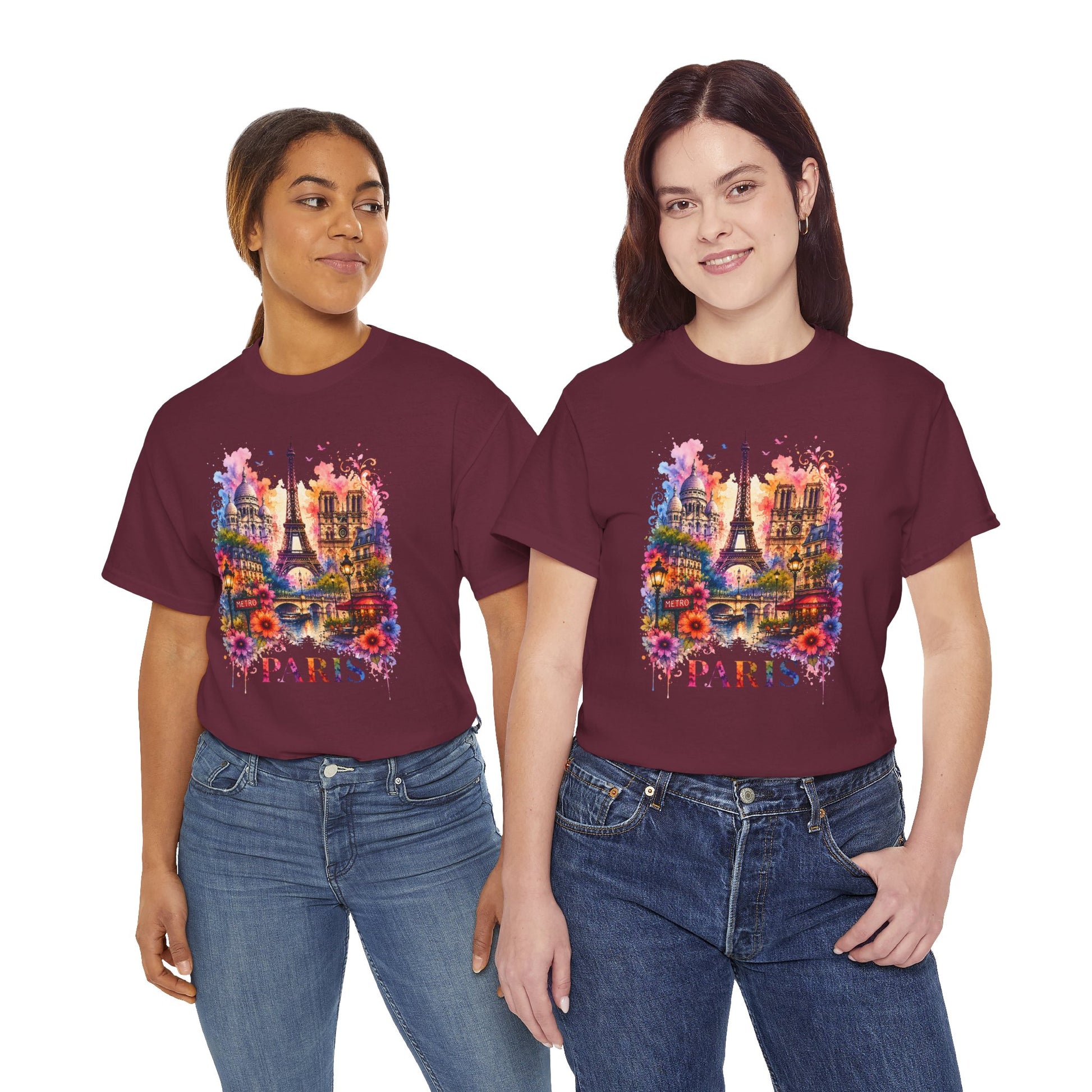 Eiffel Tower floral watercolor T-shirt in maroon with colorful Paris Eiffel graphic on front