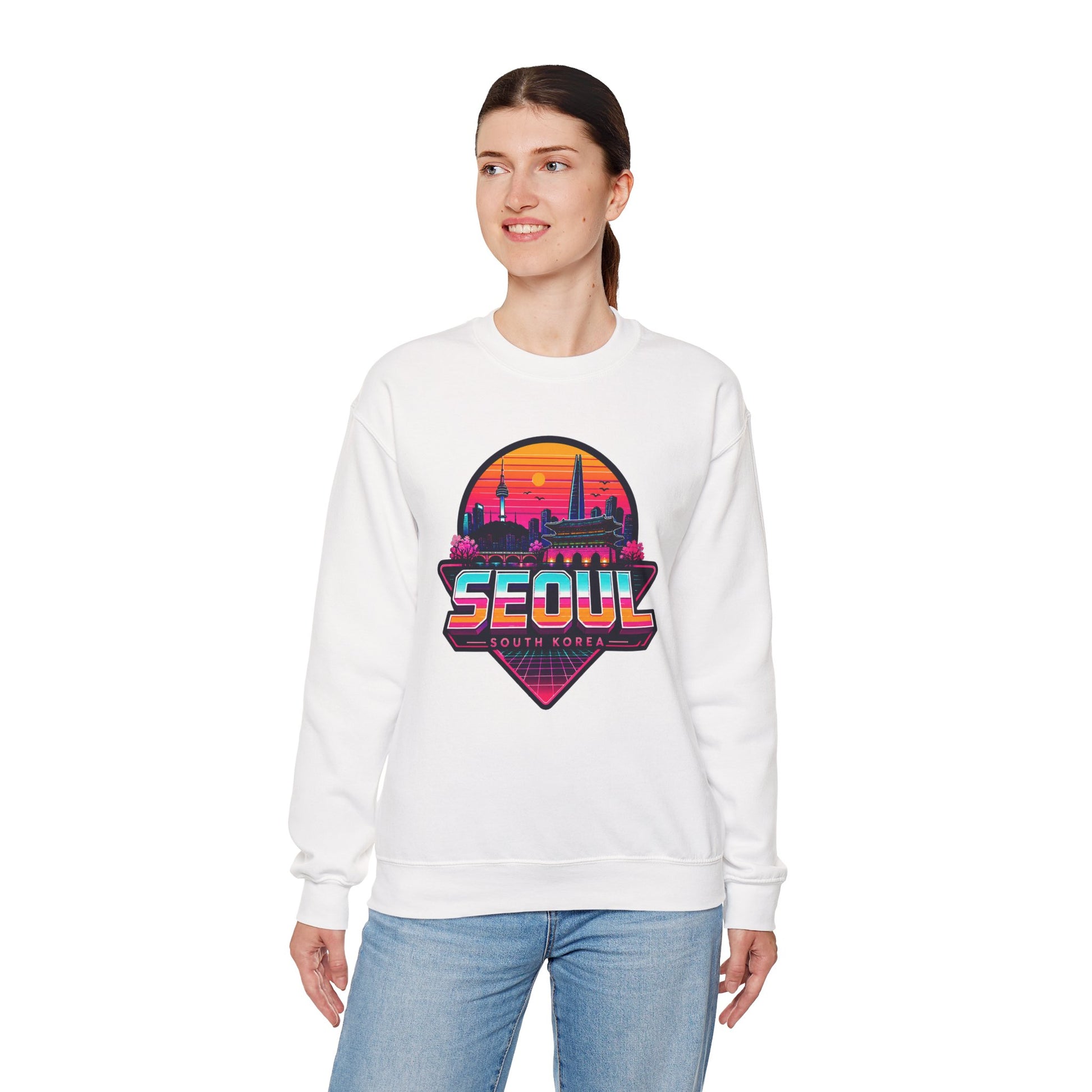 White crewneck sweatshirt with multicolor Seoul city graphic