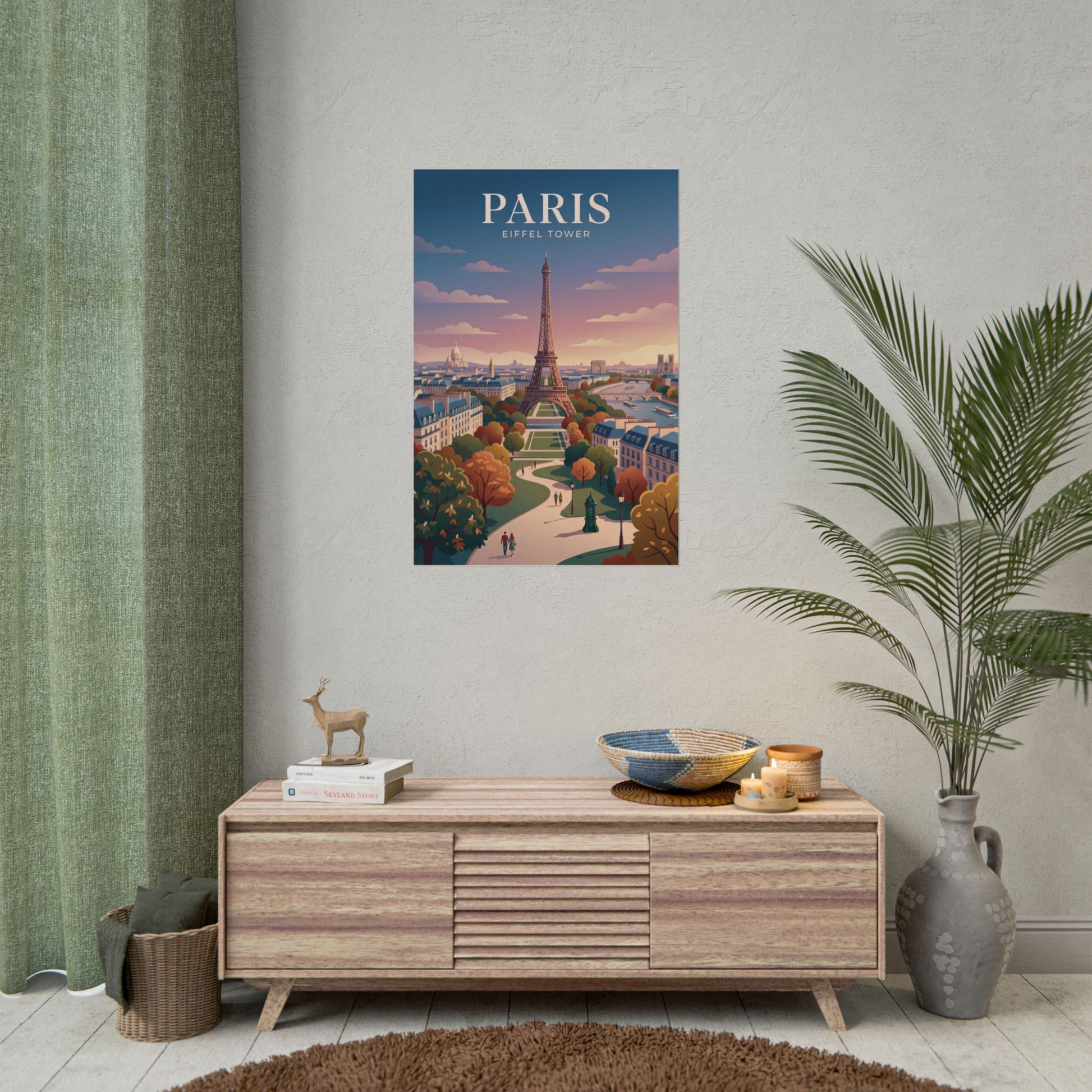 Paris Eiffel Tower poster on wall, 'PARIS' text above scenic park city view.
