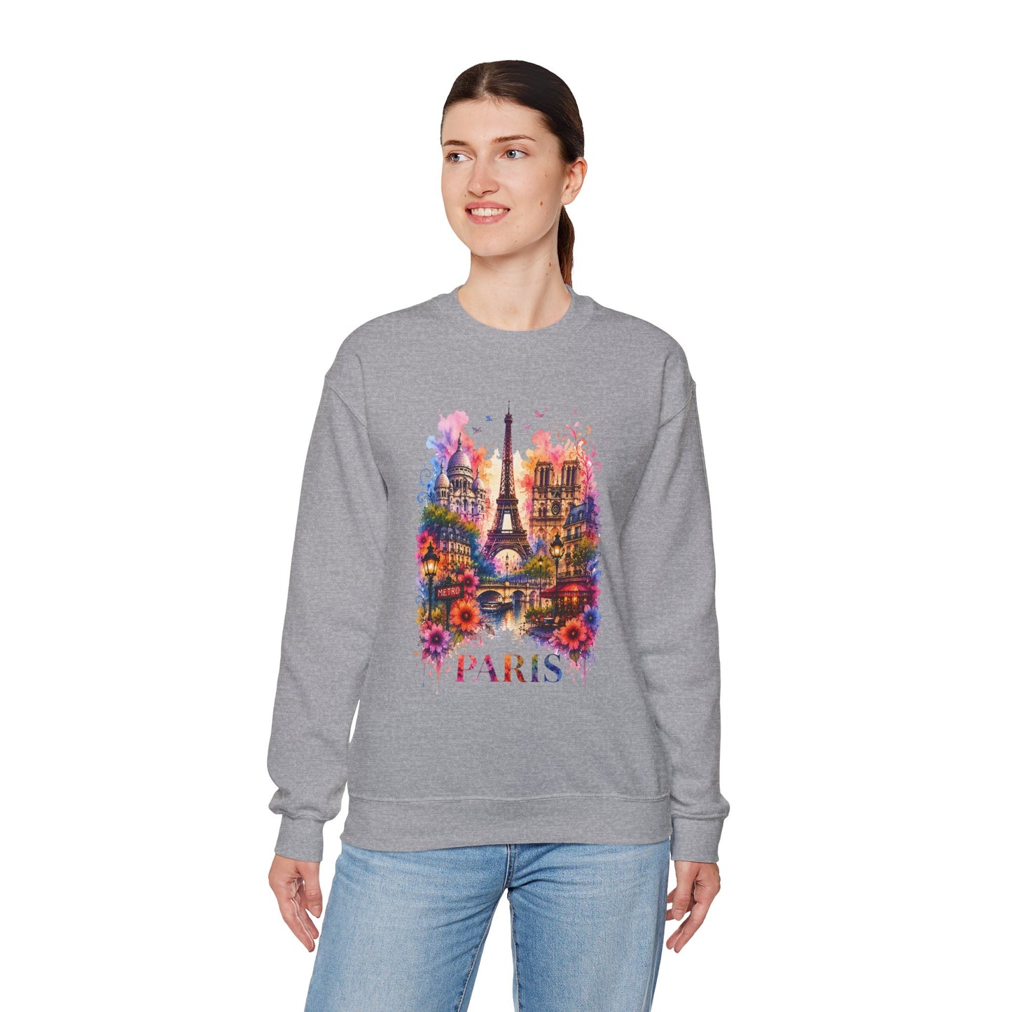 Sport grey crewneck sweatshirt with watercolor Eiffel Tower and floral graphic, PARIS text