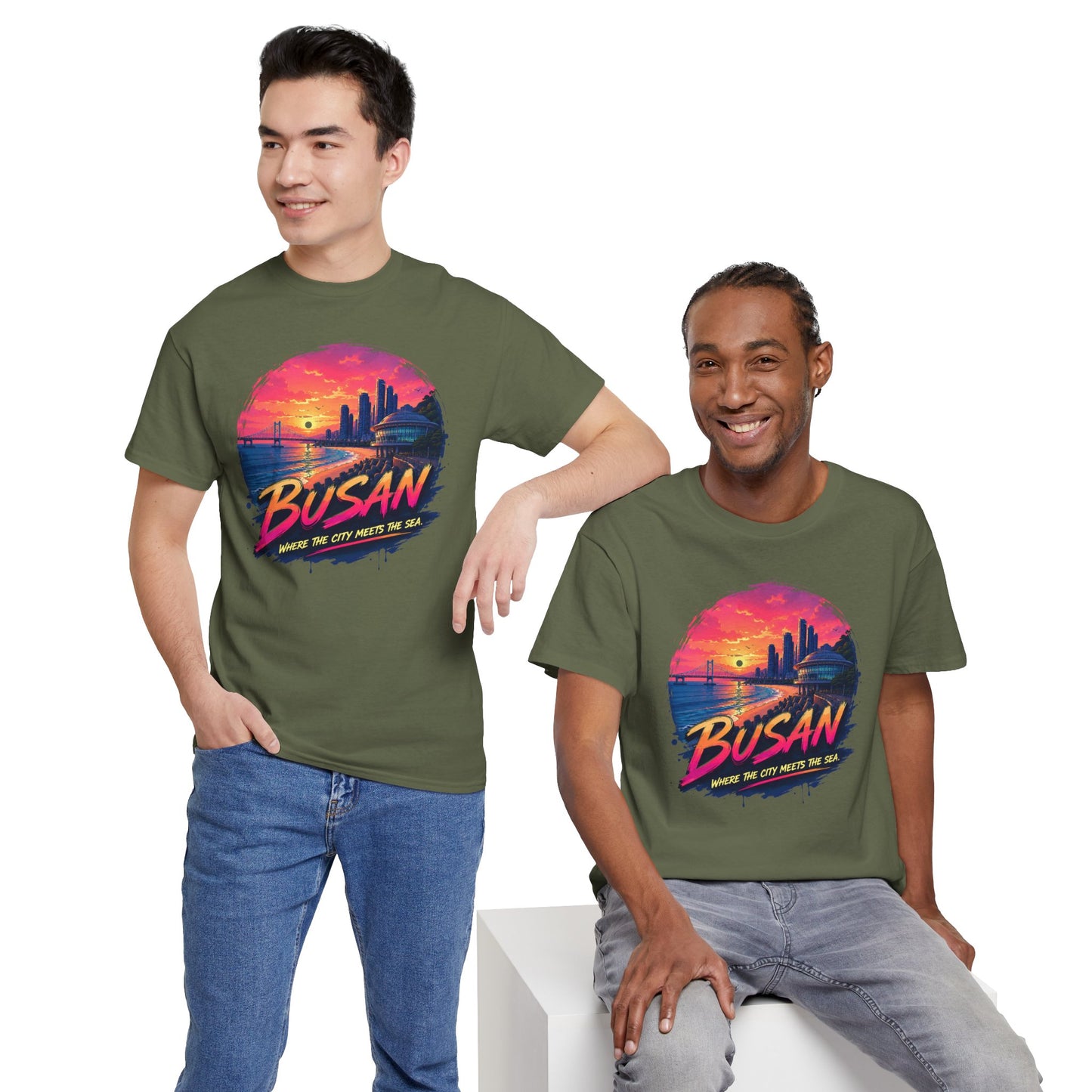 Olive green crewneck t-shirt with colorful Busan skyline sunset graphic on the front