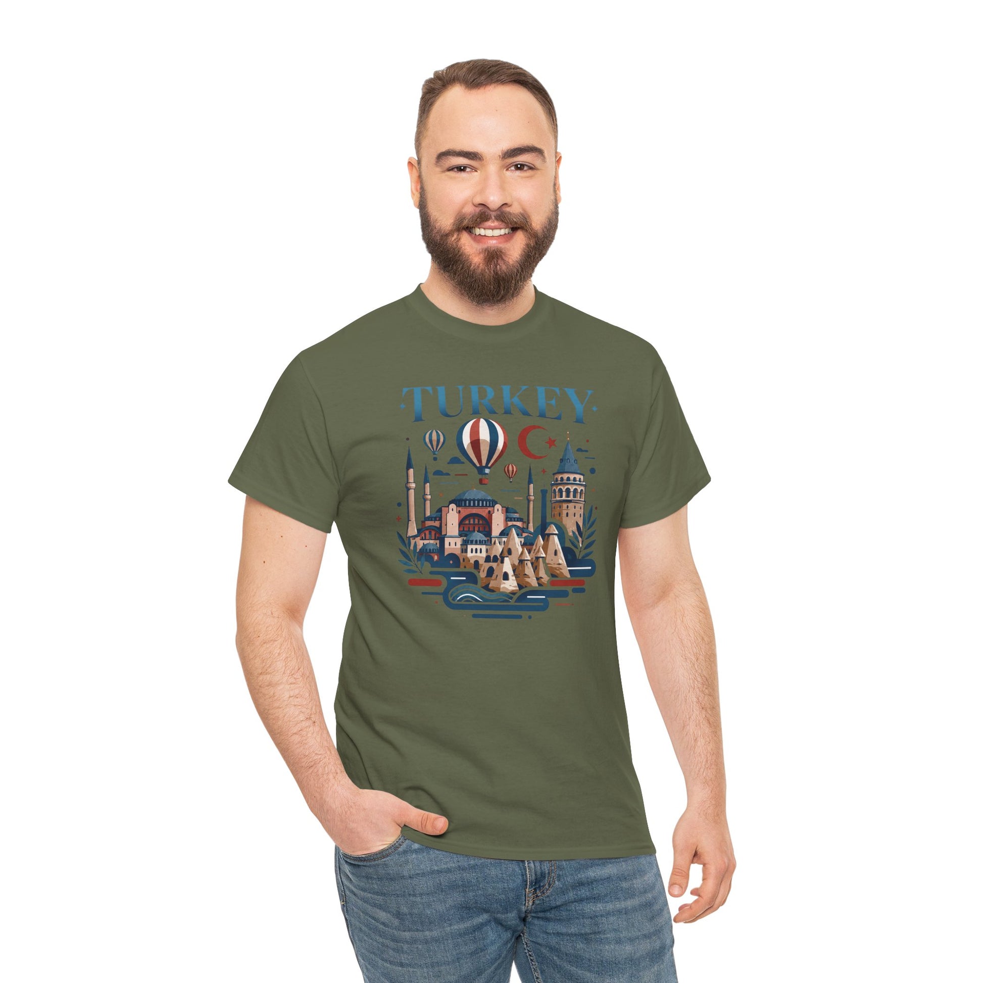 Olive green T-shirt with blue Turkey-themed skyline, hot air balloon, and crescent moon graphic