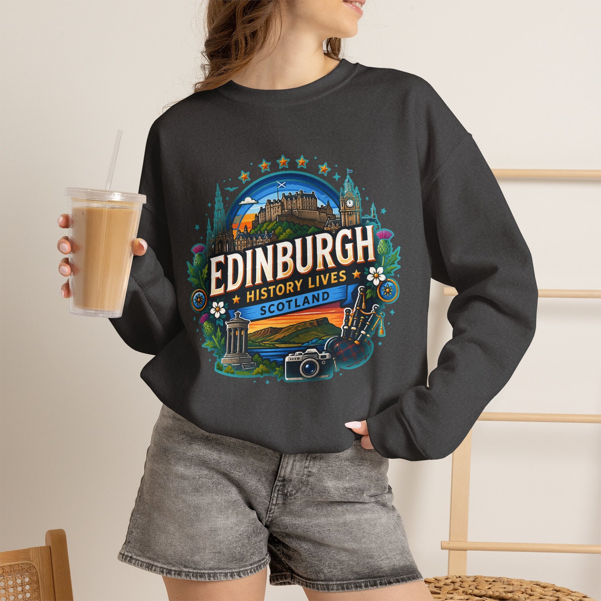 Dark charcoal crewneck sweatshirt with colorful Edinburgh graphic print on the chest