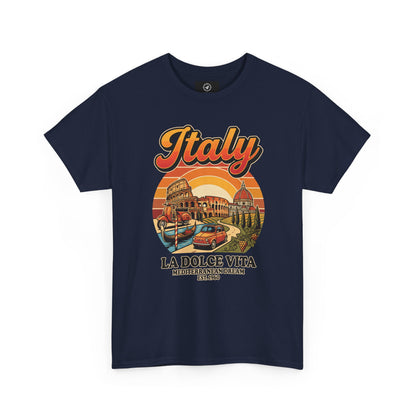 Navy vintage graphic T-shirt with front “Italy” text and illustrated scene
