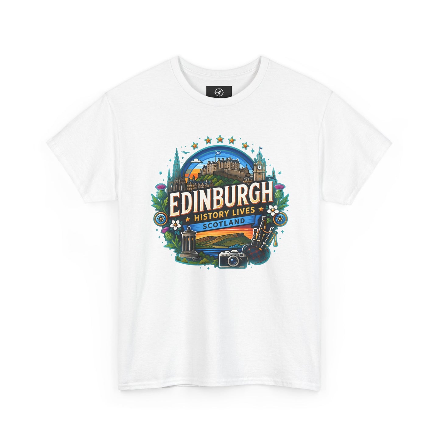 White travel T-shirt with crew neck and colorful Edinburgh front graphic