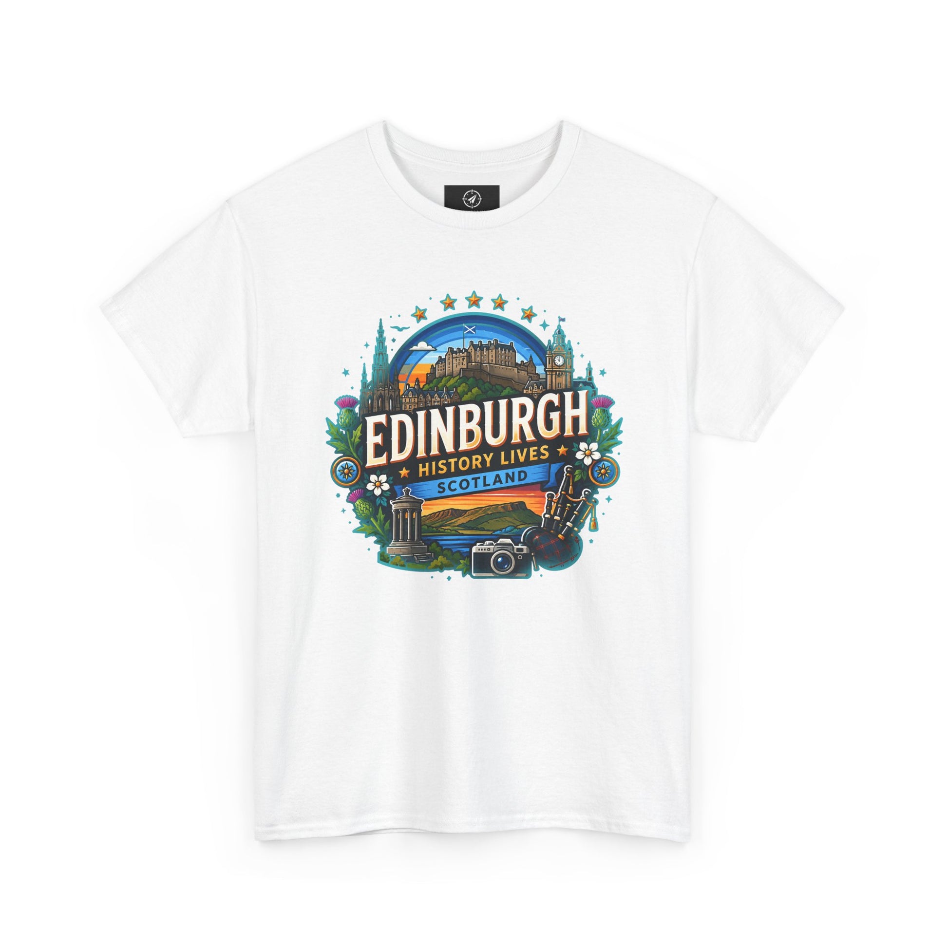 White travel T-shirt with crew neck and colorful Edinburgh front graphic