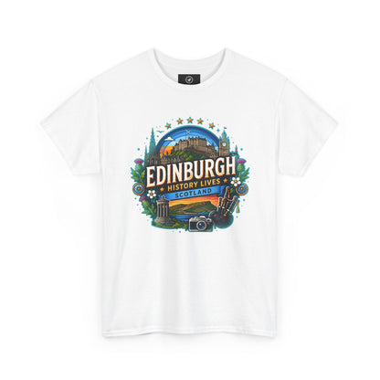White travel T-shirt with crew neck and colorful Edinburgh front graphic