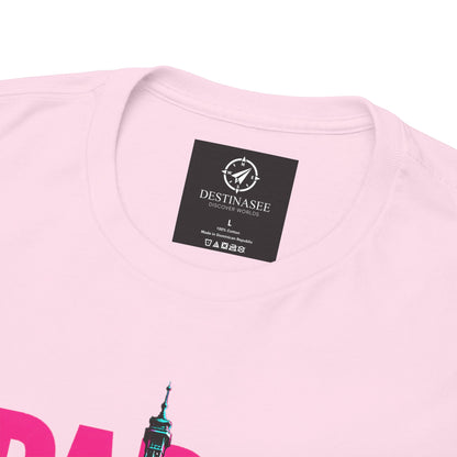 Light pink T-shirt close-up: chest logo tag and partial Eiffel Tower neon-style print