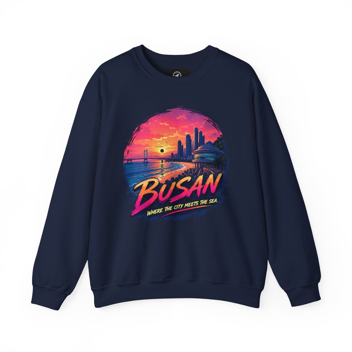 Navy crewneck sweatshirt with long sleeves and colorful front cityscape graphic.