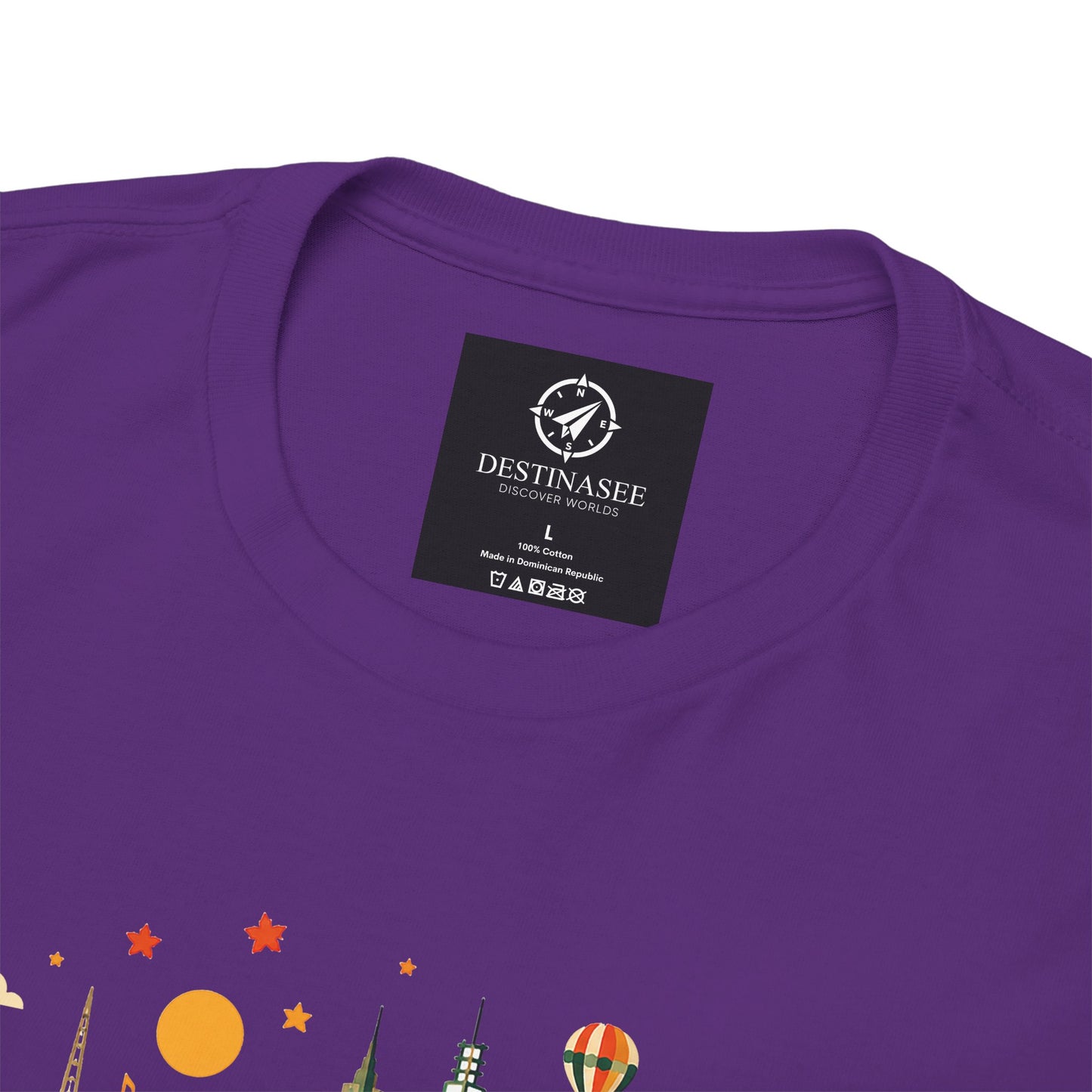 Purple T-shirt with neckline label and colorful Melbourne skyline graphic