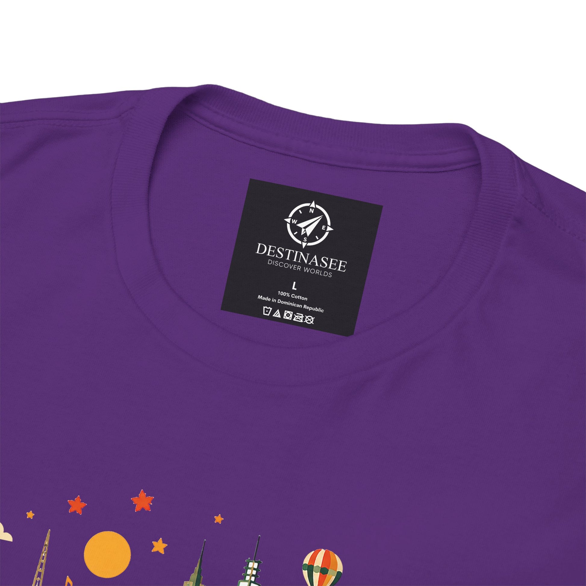 Purple T-shirt with neckline label and colorful Melbourne skyline graphic