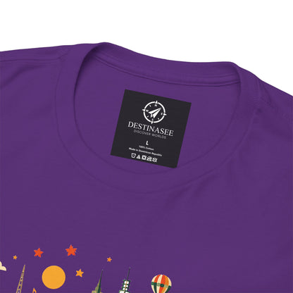 Purple T-shirt with neckline label and colorful Melbourne skyline graphic