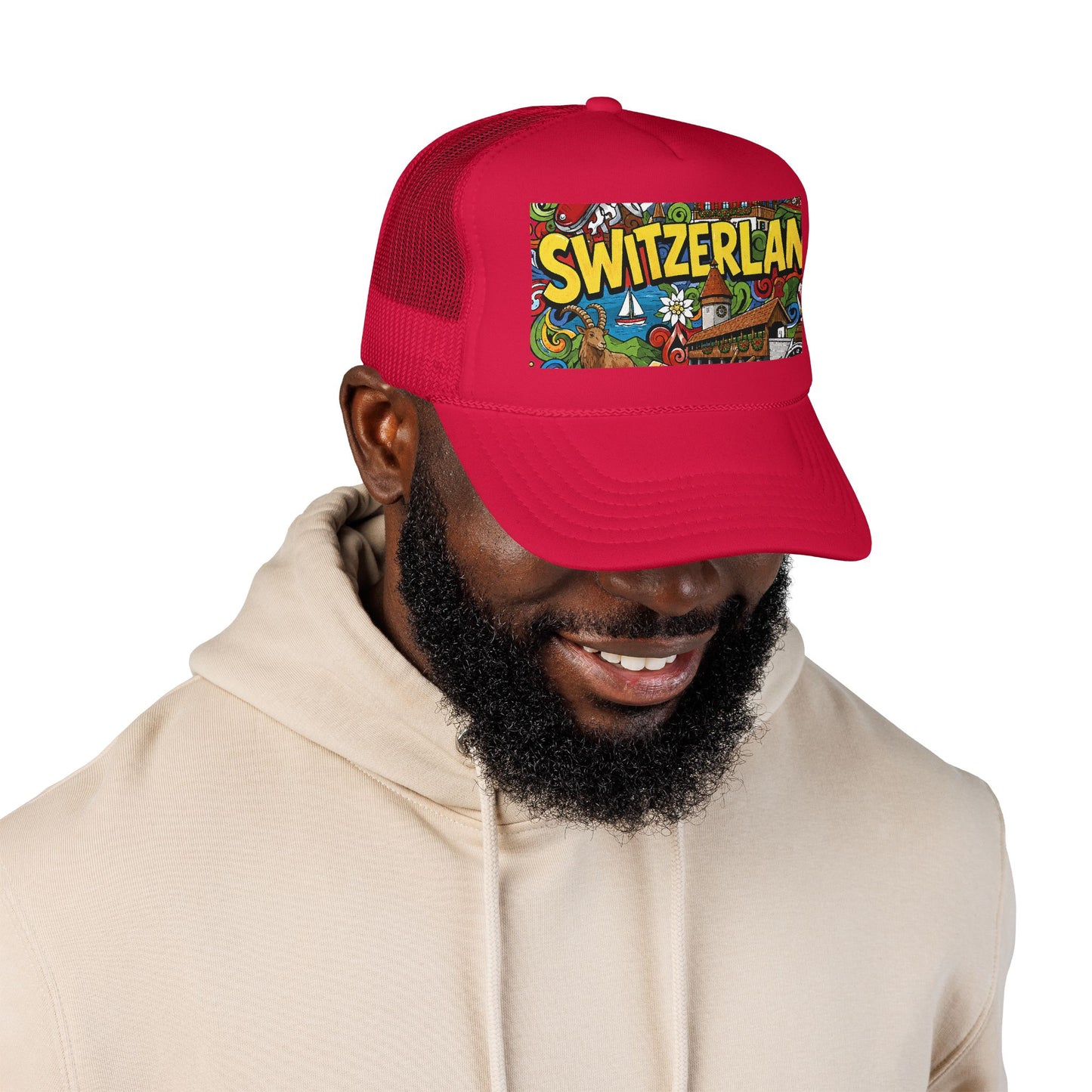 Red trucker hat with colorful Switzerland front graphic, worn on head