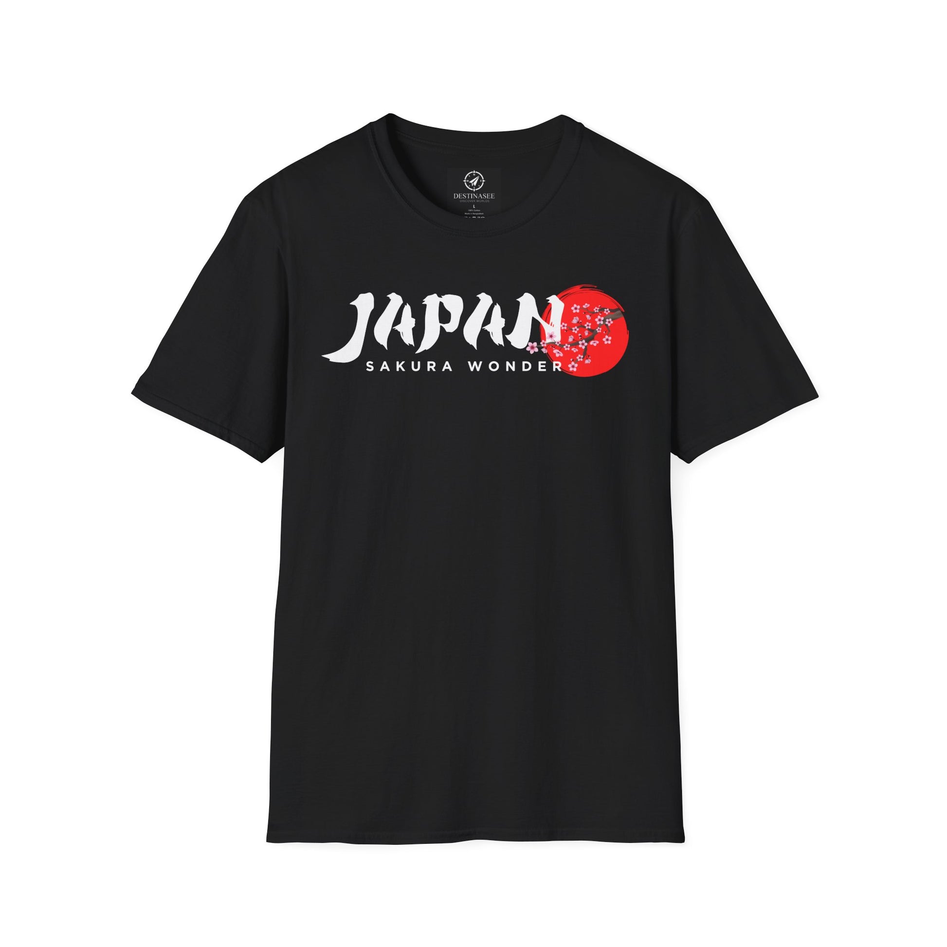 Black T-shirt with white “Japan” text and red cherry blossom graphic on chest