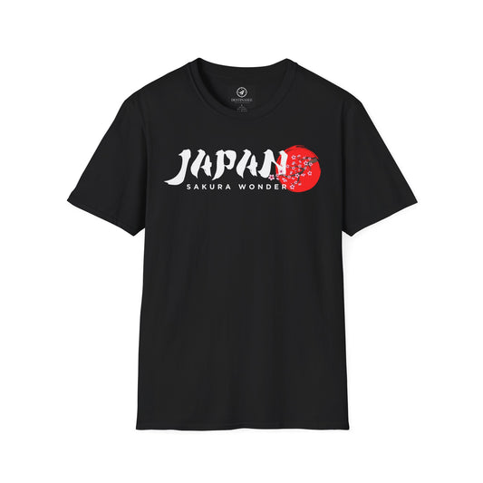 Black T-shirt with white “Japan” text and red cherry blossom graphic on chest