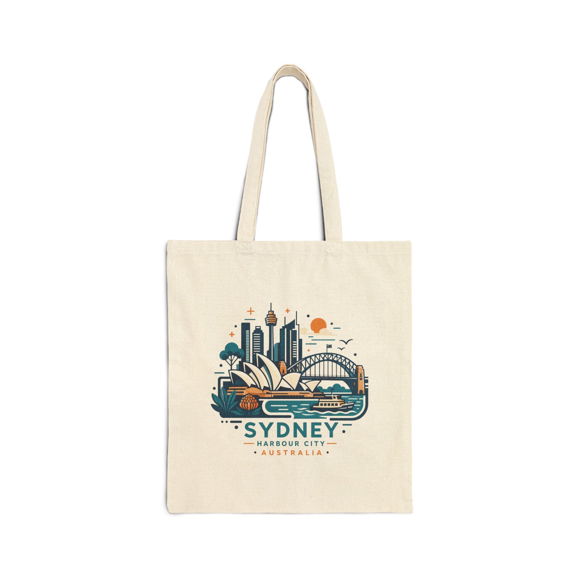 Natural canvas tote bag with colorful Sydney Harbour City graphic on front