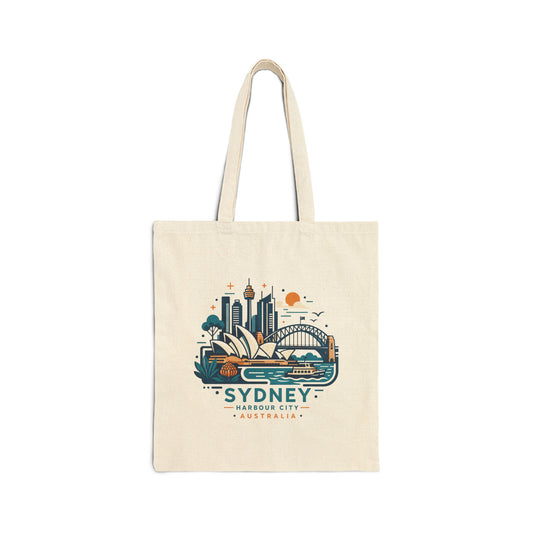 Natural canvas tote bag with colorful Sydney Harbour City graphic on front