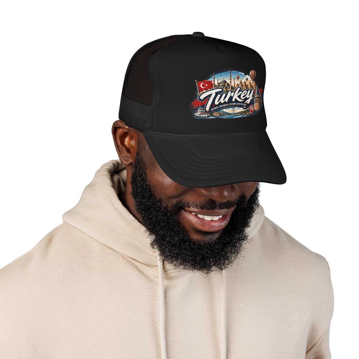 Black trucker cap worn with front Turkey graphic patch