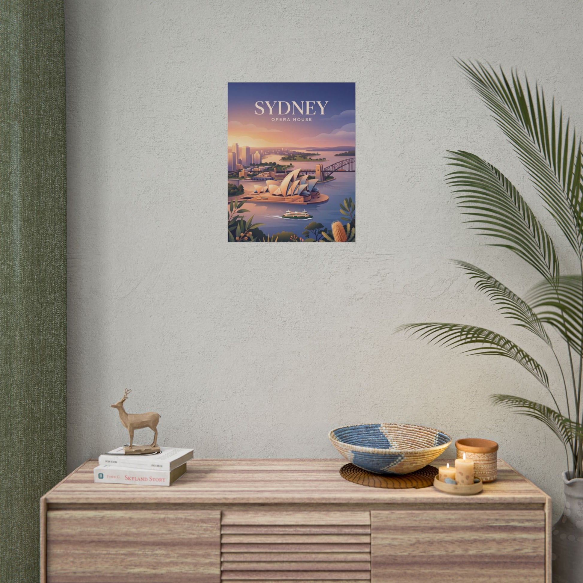 Sydney Opera House rolled poster on wall, showing a small harbor scene with SYDNEY text