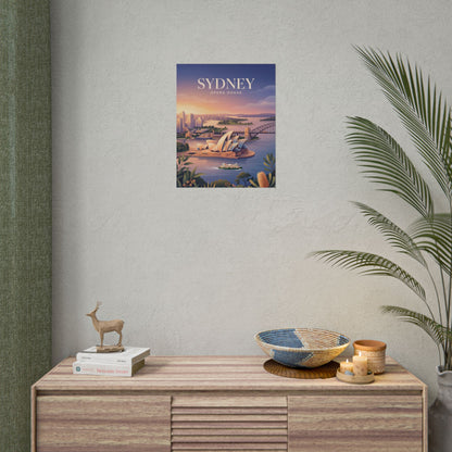 Sydney Opera House rolled poster on wall, showing a small harbor scene with SYDNEY text