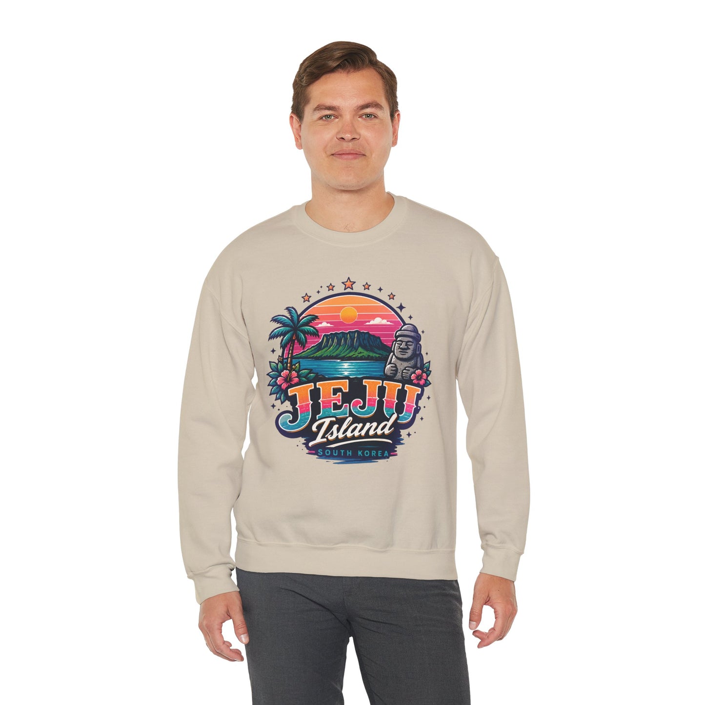 Sand graphic sweatshirt with colorful TEJU Island South Korea front print