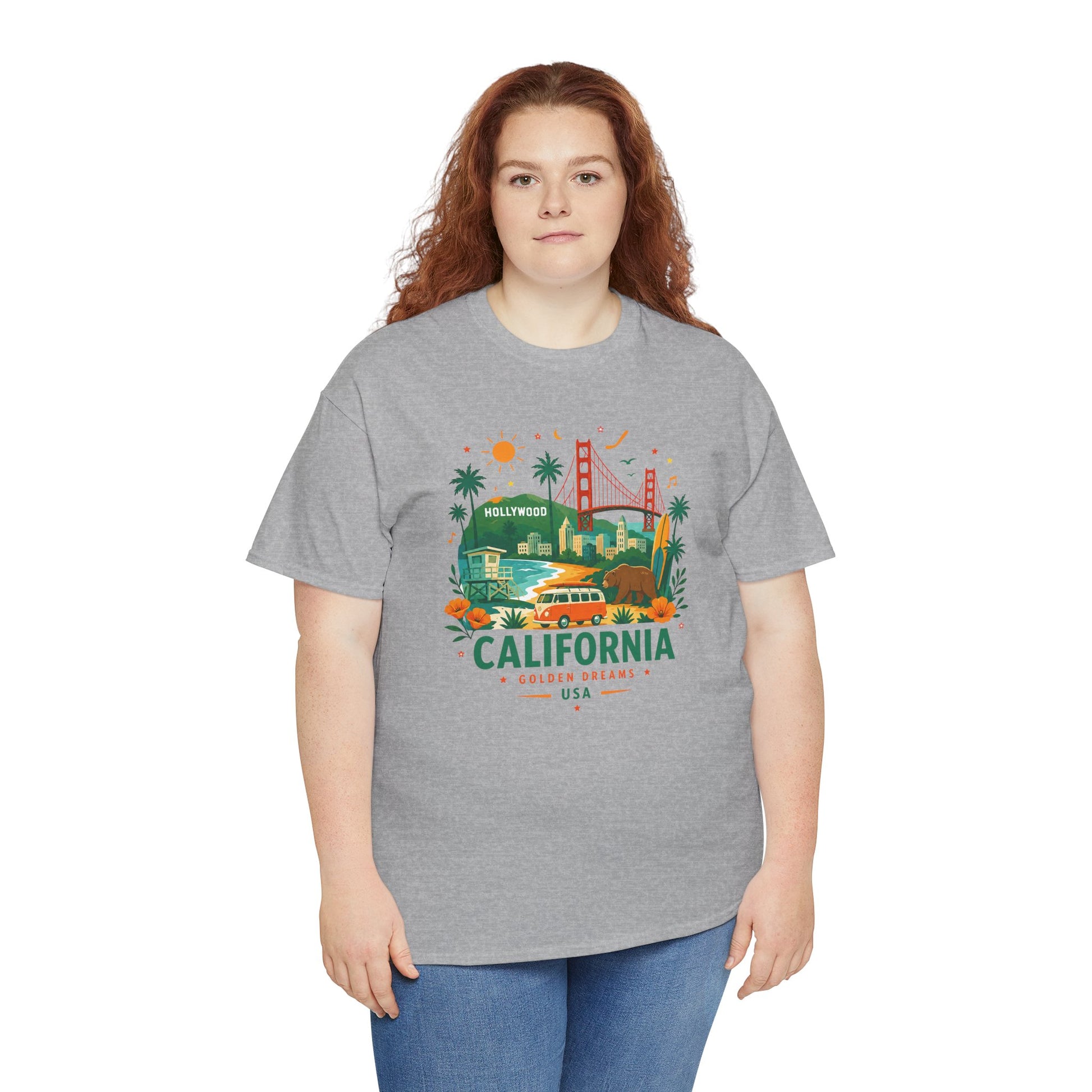 Heather gray T-shirt with multicolor California theme graphic on the chest