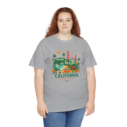 Heather gray T-shirt with multicolor California theme graphic on the chest