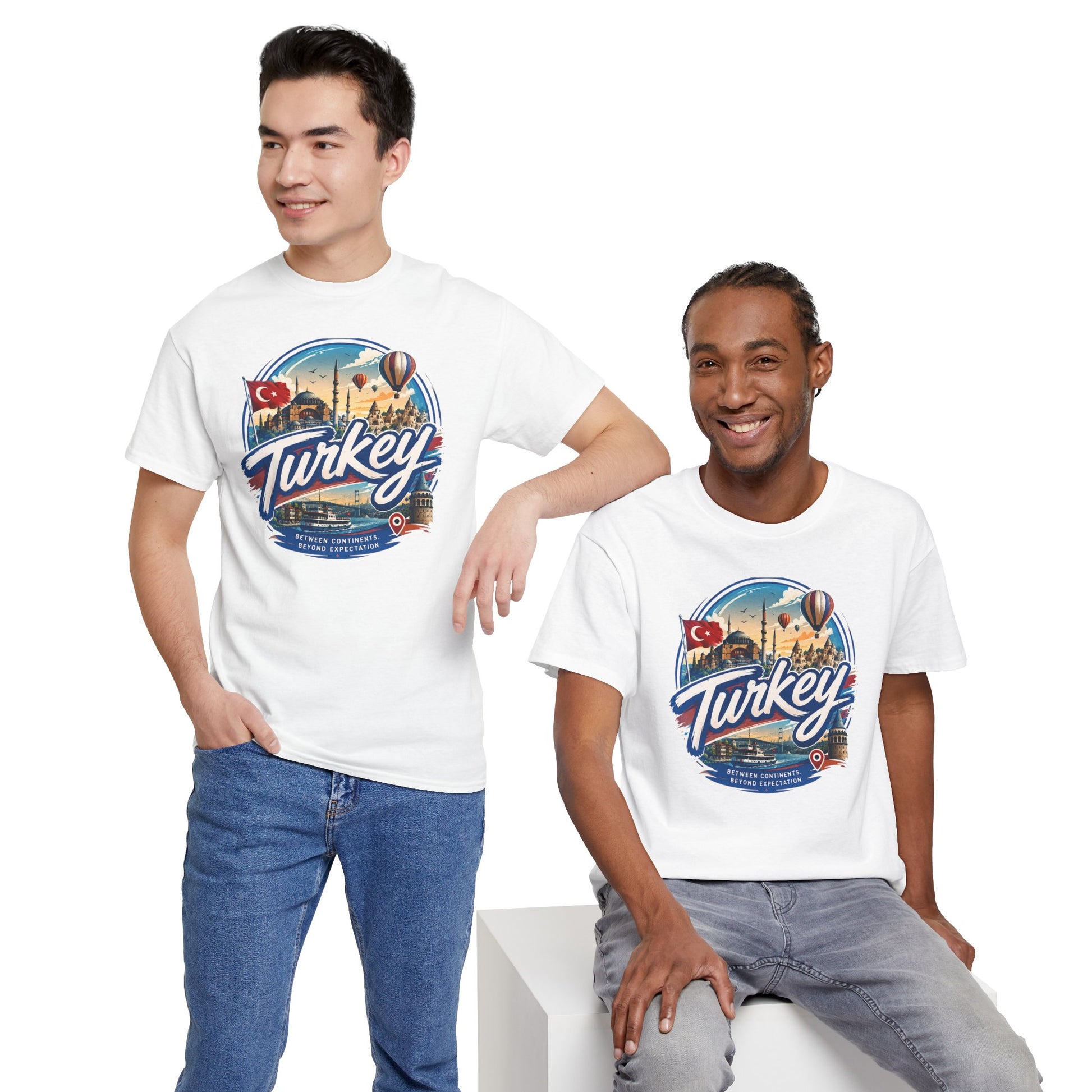 White crewneck T-shirt with Istanbul Turkey graphic print, worn by two models