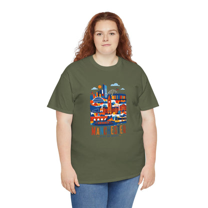 Olive green T-shirt with Manchester skyline graphic on the chest