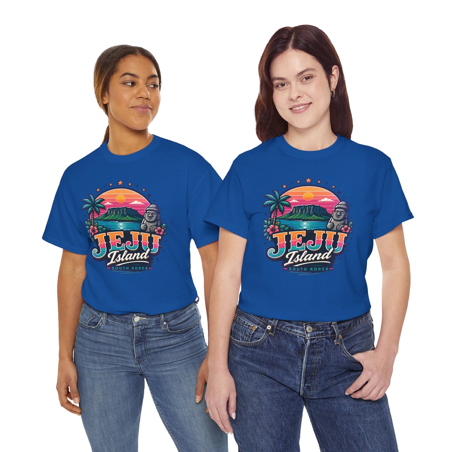 Royal blue Jeju Island graphic T-shirt with palm trees, sunset, and Buddha print