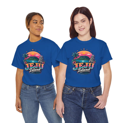 Royal blue Jeju Island graphic T-shirt with palm trees, sunset, and Buddha print