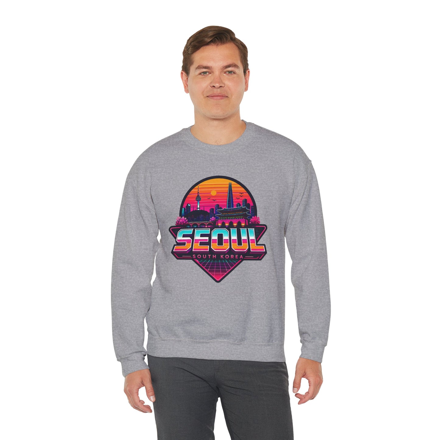 Heather grey crewneck sweatshirt with Seoul city graphic on the chest