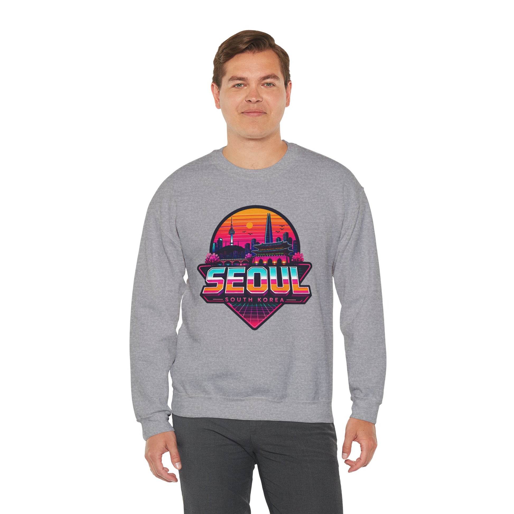 Heather grey crewneck sweatshirt with Seoul city graphic on the chest